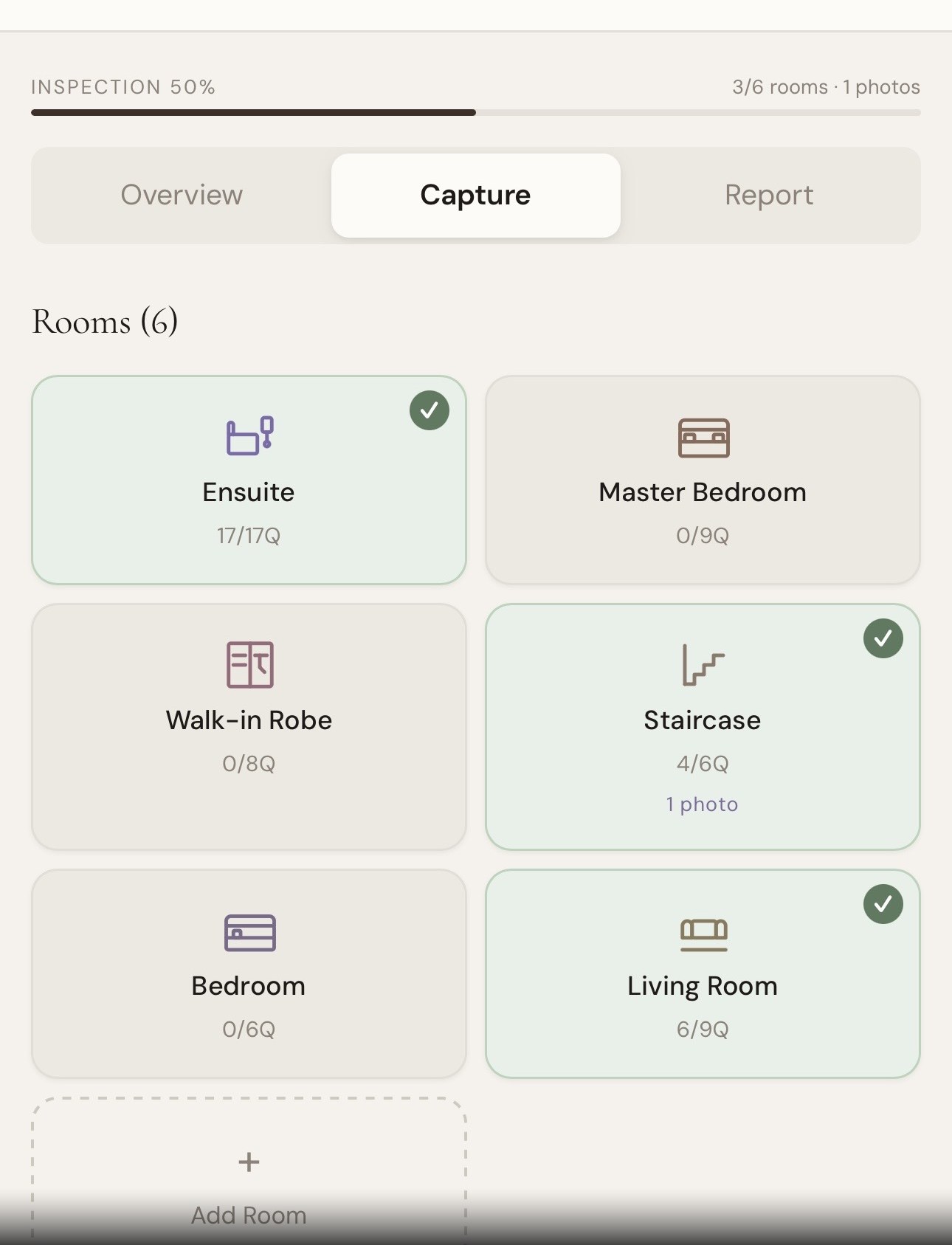 ScopeSnap app — room capture grid showing Ensuite, Master Bedroom, Walk-in Robe, Staircase, Bedroom and Living Room with completion status